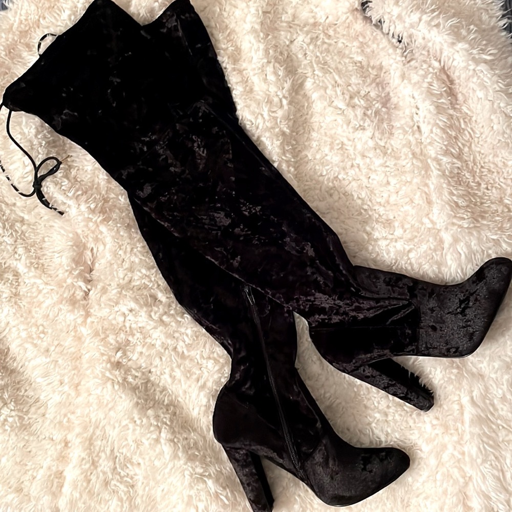 Black suede thigh high heel boots